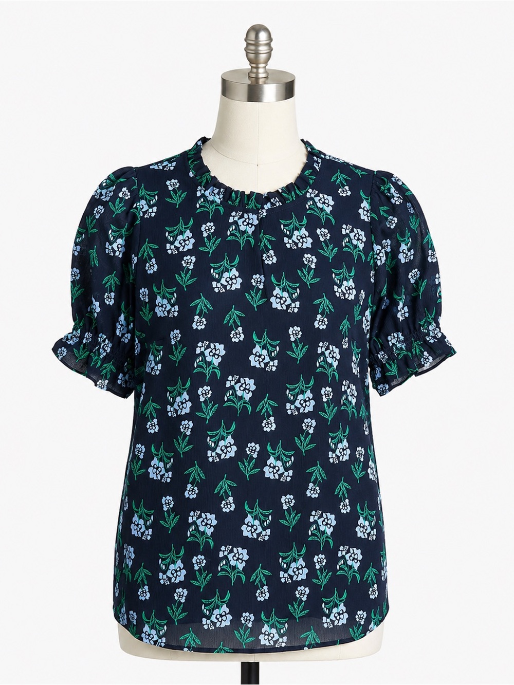 J Crew Factory women’s Short-sleeve printed ruffleneck top blue floral Sz XS NWT